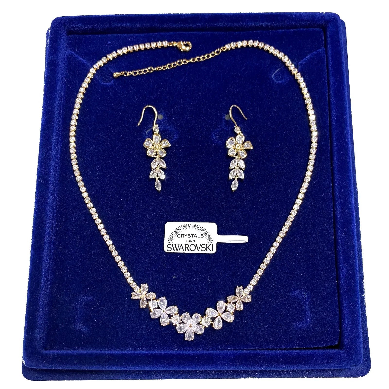 Parure Tennis Collana Fiori Orecchini pl. oro Giallo con Cristalli Swarovski