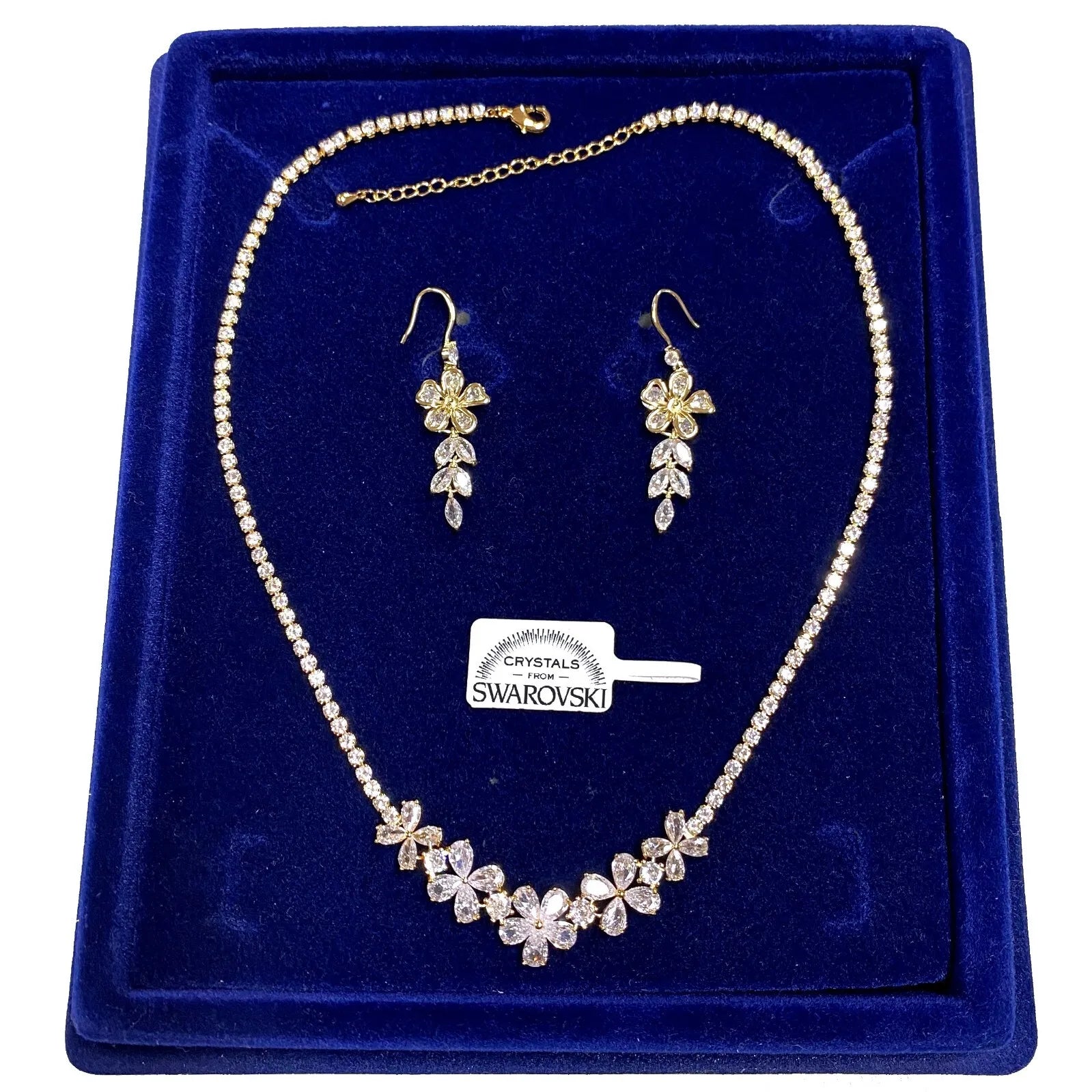 Parure Tennis Collana Fiori Orecchini pl. oro Giallo con Cristalli Swarovski