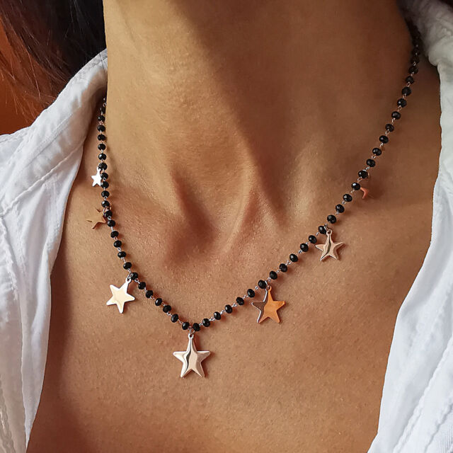 Collana girocollo da donna perle nere con stella stelline in acciaio catenina a