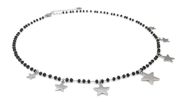 Collana girocollo da donna perle nere con stella stelline in acciaio catenina a