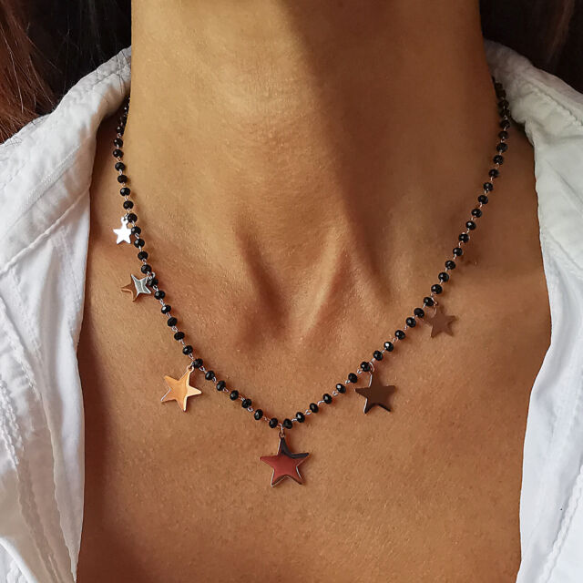 Collana girocollo da donna perle nere con stella stelline in acciaio catenina a